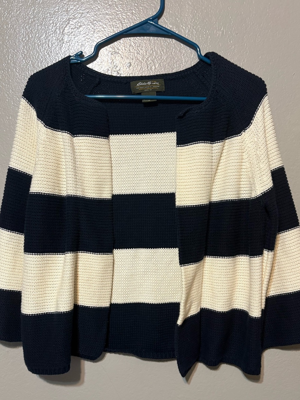 Adorable Women’s Eddie Bauer Navy and Cream Striped Open Cardigan Size M - Picture 1 of 14